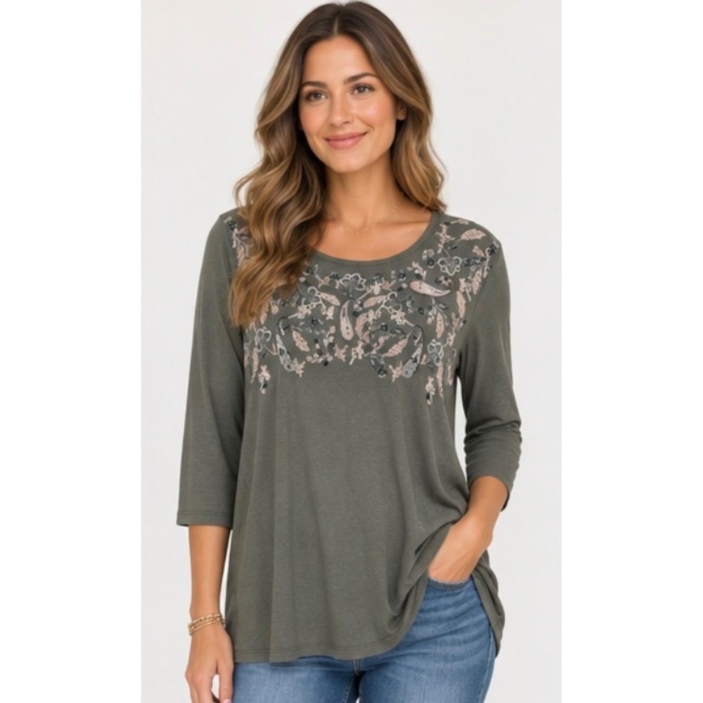 J. Jill Womens XL Olive Green Embroidered Paisley Floral Long Sleeve Tunic Top
